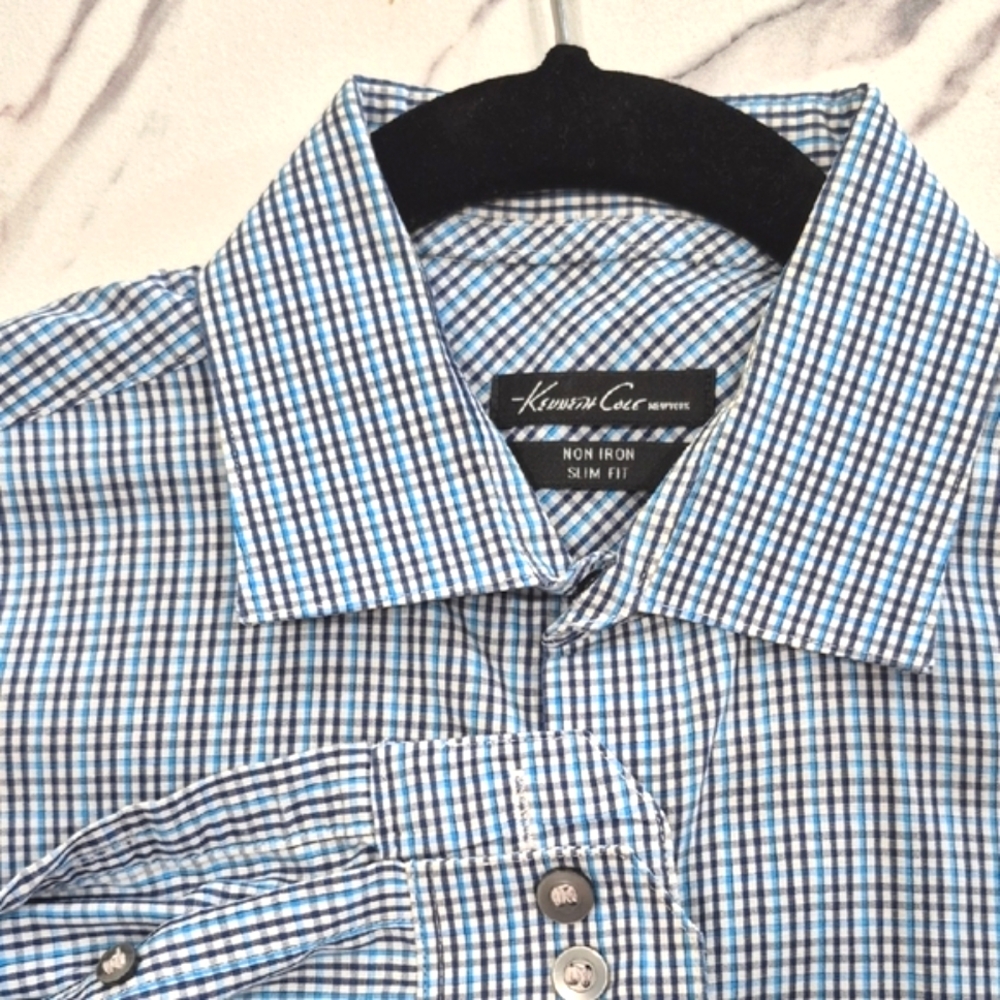 EUC Kenneth Cole New York Dress Shirt Blue & White Plaid, Medium Slim Fit